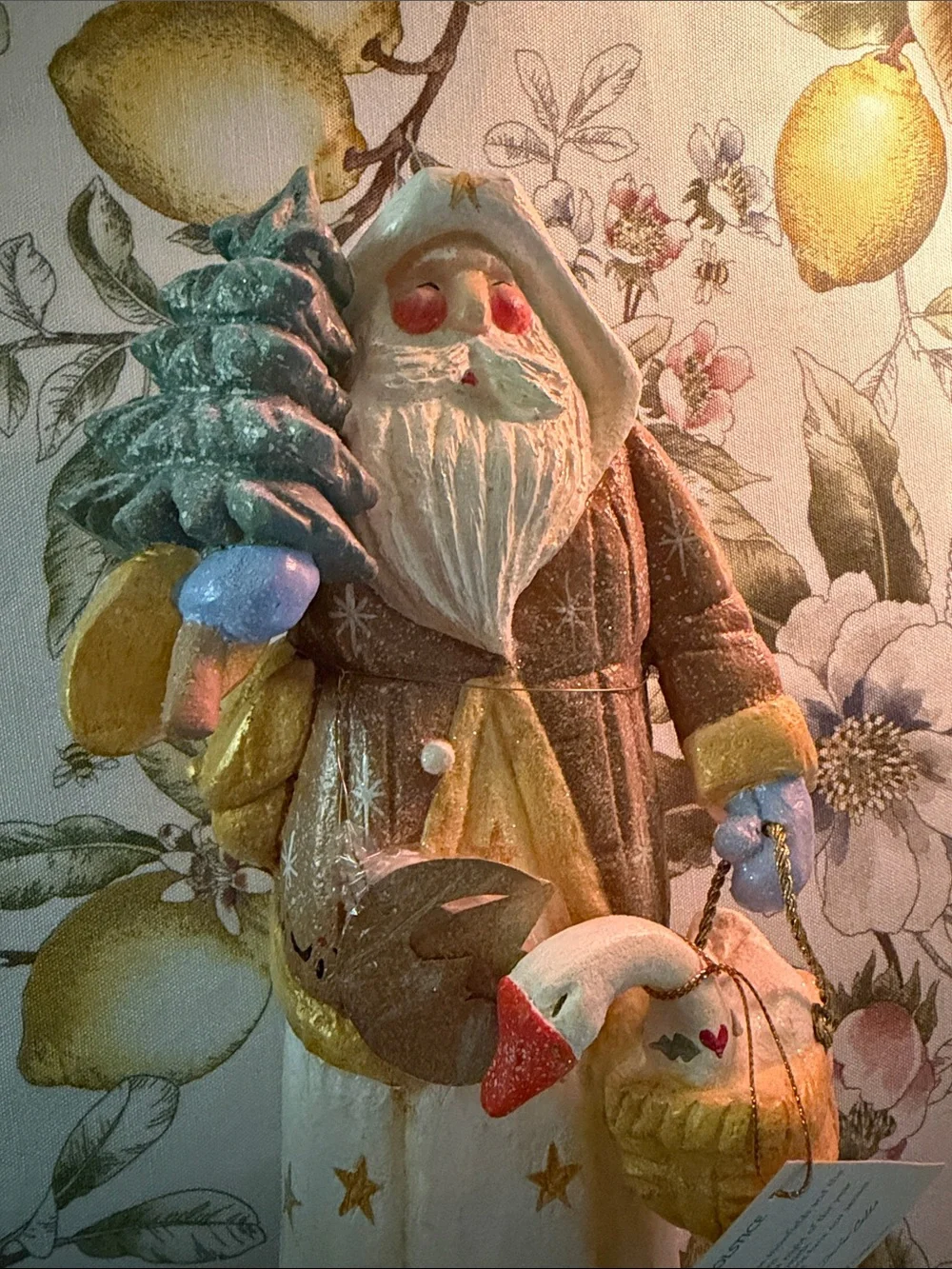 House of Hatten Solstice White & Gold Santa Holding Tree Figurine (collectible)